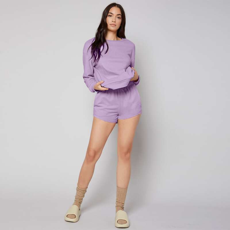 

Elastic Waist Slant Pocket Lounge Shorts, Lilac purple