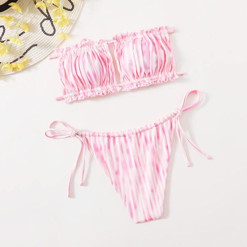 

Striped Frill Trim Bikini Swimsuit, Multicolor