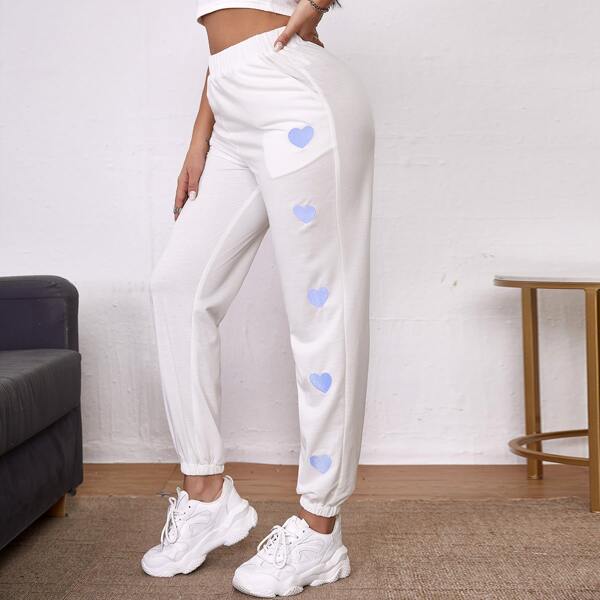 

Elastic Waist Heart Print Sweatpants, White