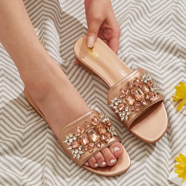 

Rhinestone Decor Slide Sandals, Champagne