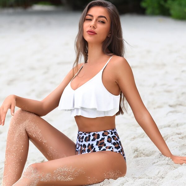 

Leopard Print Ruffle Bikini Swimsuit, Multicolor