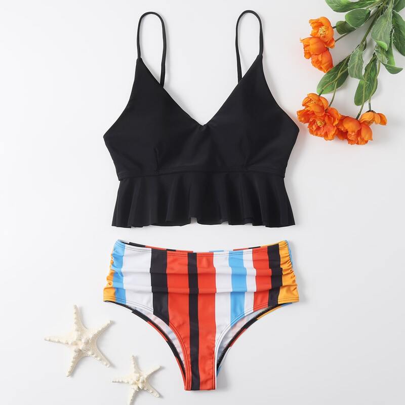 

Striped Ruffle Bikini Swimsuit, Multicolor