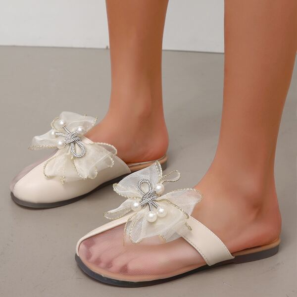

Bow&Faux Pearl Decor Flat Mules, Beige