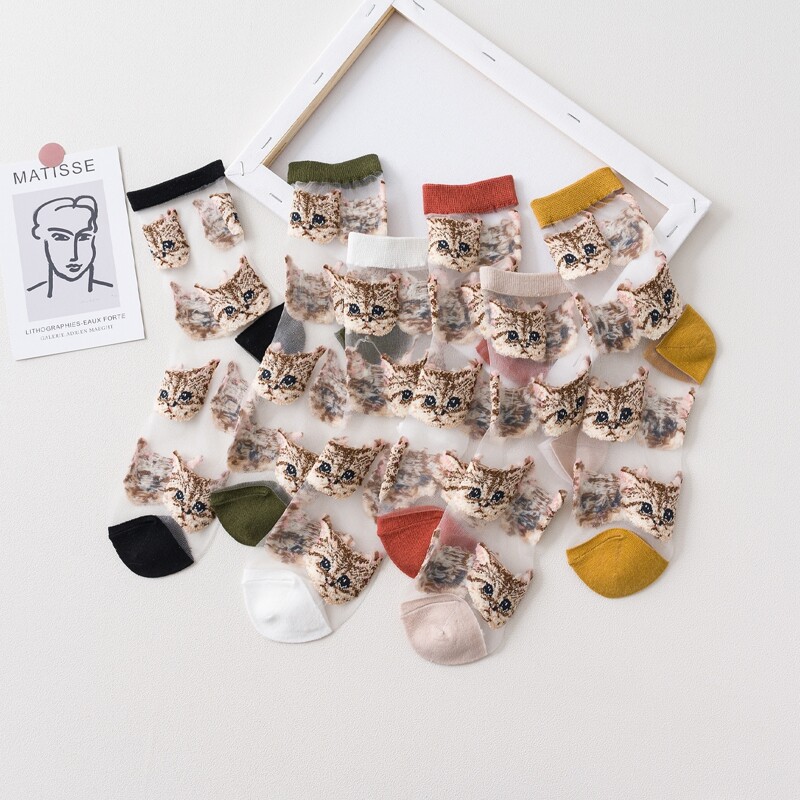 

6pairs Cat Mesh Crew Socks, Multicolor