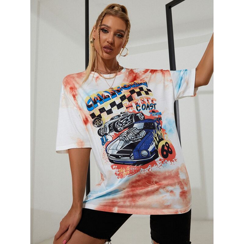 

Car And Tie Dye Print Oversized Tee, Multicolor