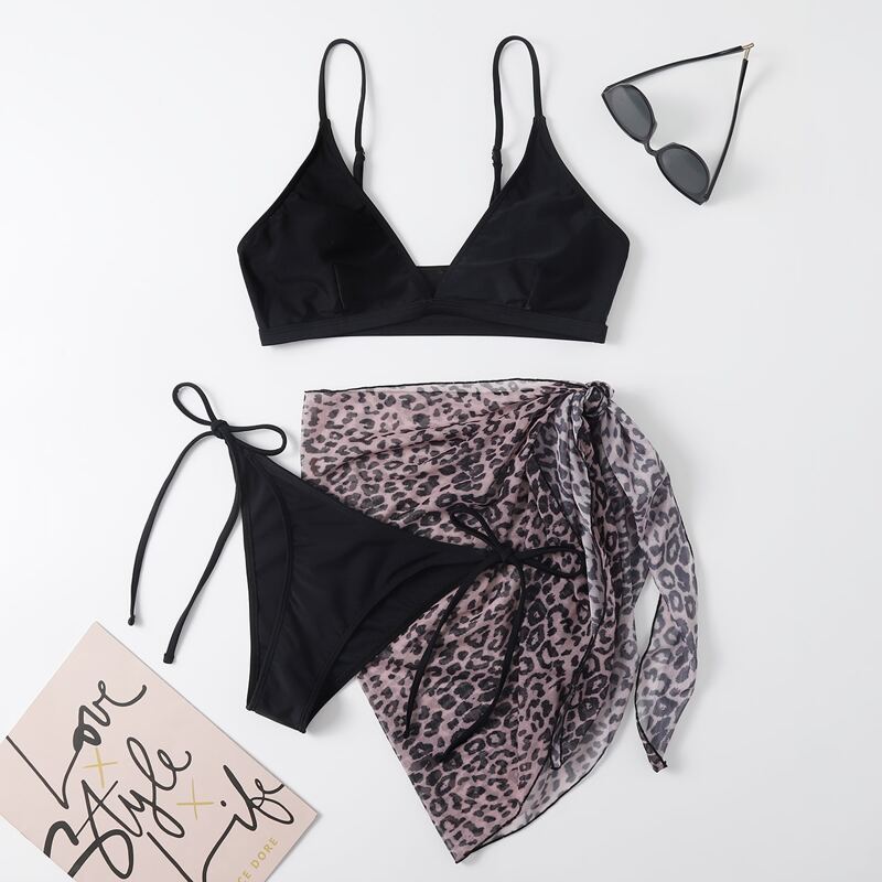 

3pack Leopard Bikini Swimsuit With Beach Skirt, Black
