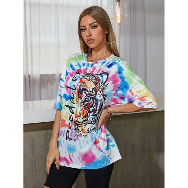

Letter And Tie Dye Print Oversized Tee, Multicolor