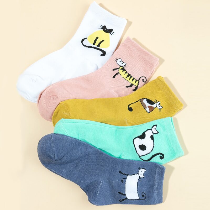 

5pairs Cat Graphic Crew Socks, Multicolor