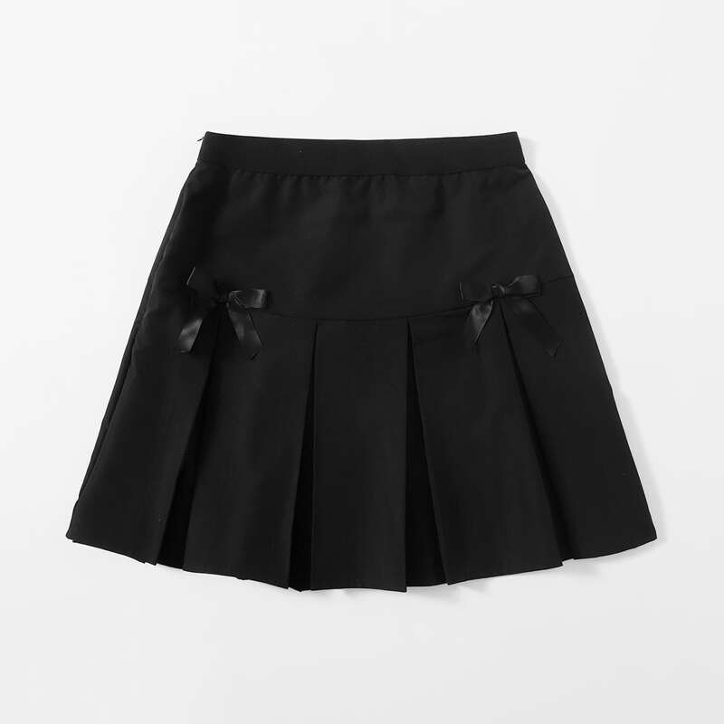 

Solid Pleated Bow Skirt, Black
