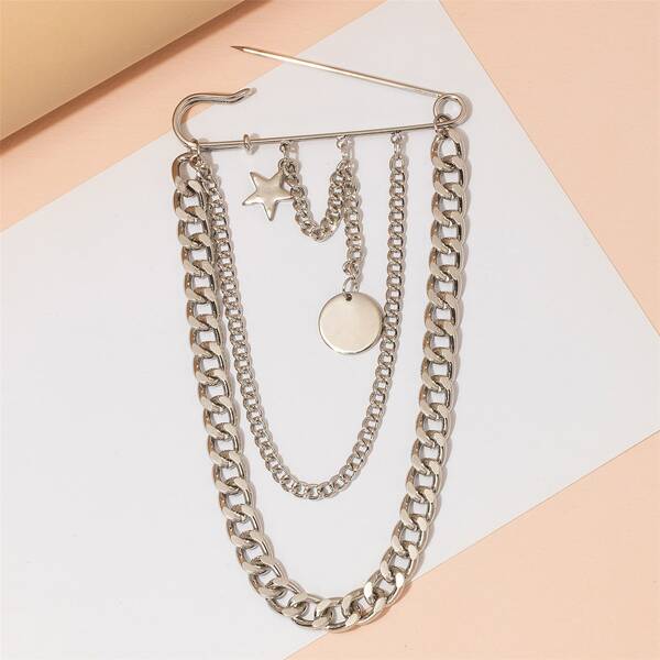 

Men Safety Pin & Chain Design Brooch, Silver