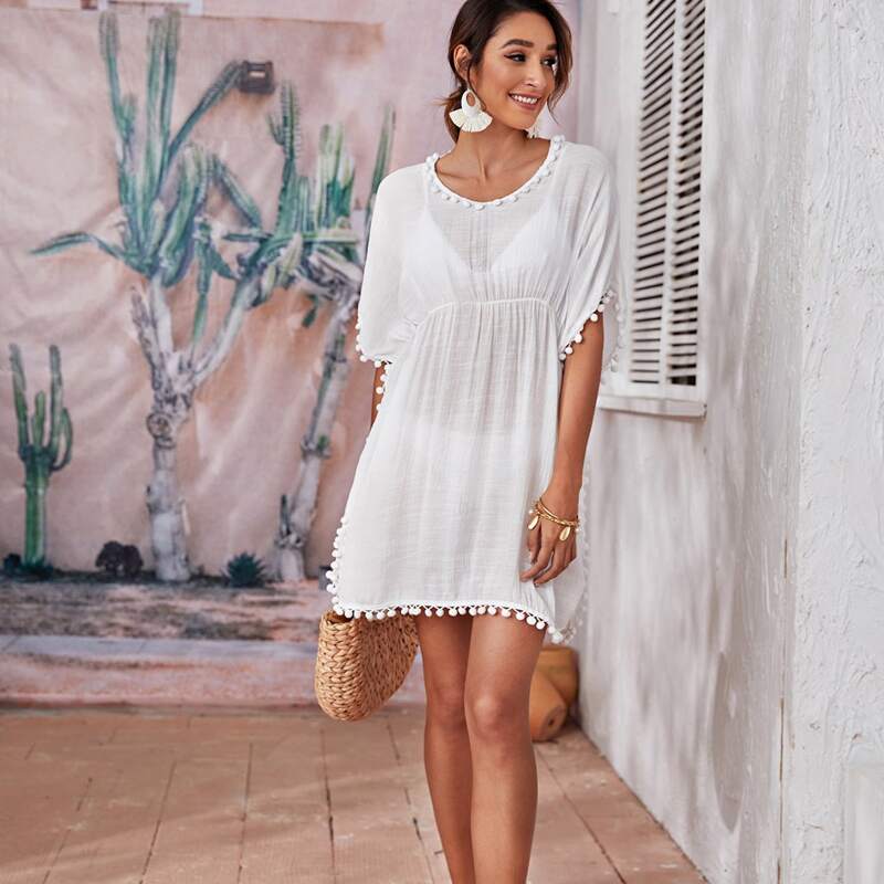 

Sheer Pom-pom Cover Up, White