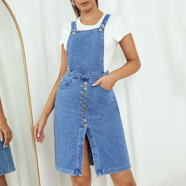 

Button Front Overall Denim Dress, Light wash