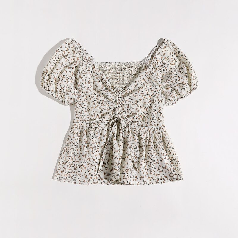 

Ditsy Flower Drawstring Shirred Peplum Blouse, Multicolor
