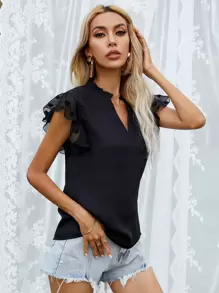 Contrast Dobby Mesh Ruffle Blouse - Black - View 1