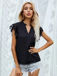 Contrast Dobby Mesh Ruffle Blouse - Black - View 3