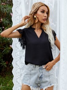 Contrast Dobby Mesh Ruffle Blouse - Black - View 5