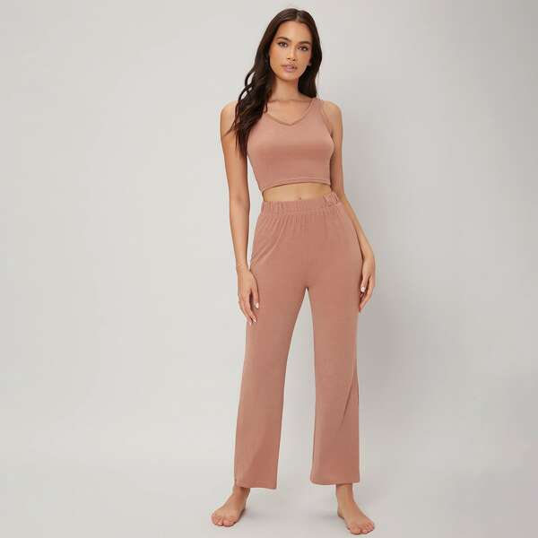 

Solid Soft To The Touch Comfortable Top With Pants Lounge Set, Apricot