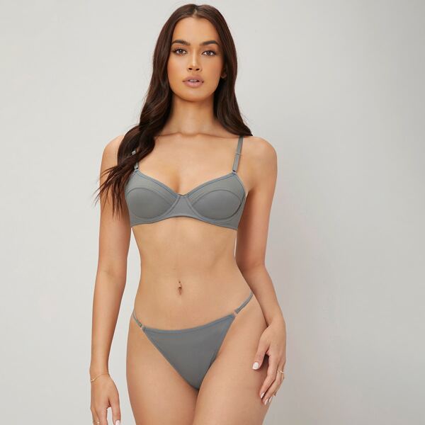 

Ribbed Push Up Soft To The Touch Comfortable Lingerie Set, Dark grey