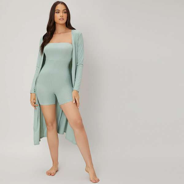 

2 Pack Solid Comfortable Tube Lounge Romper & Robe Set, Mint green