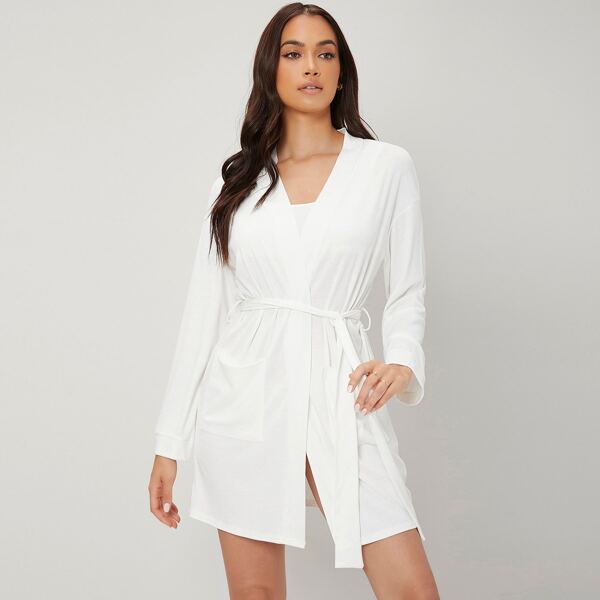 

1pc Solid Self Tie Comfortable Lounge Robe, White
