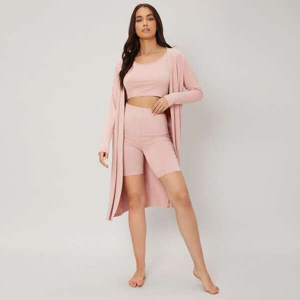 

1pc Solid Rib-knit Soft To The Touch Comfortable Lounge Robe, Baby pink
