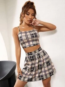 Plaid Crop Cami Top & Skirt - Multicolor - View 1