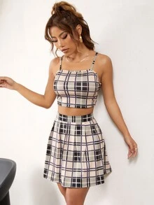 Plaid Crop Cami Top & Skirt - Multicolor - View 3