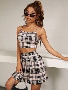 Plaid Crop Cami Top & Skirt - Multicolor - View 5