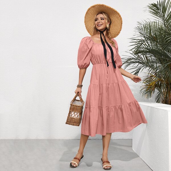 

Lantern Sleeve Ruched Ruffle Hem Dress, Coral pink
