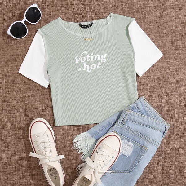 

Slogan Graphic Round Neck Crop Tee, Green