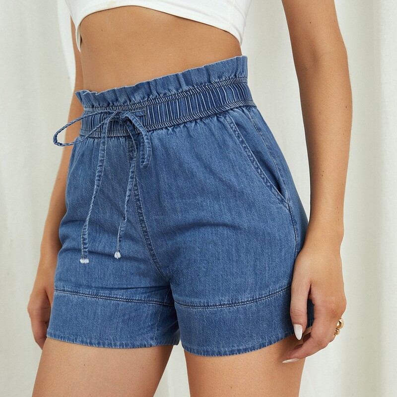 

Paper Bag Waist Drawstring Denim Shorts, Medium wash