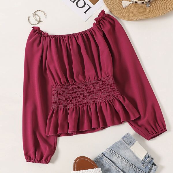 

Shirred Waisted Frill Trim Peplum Blouse, Rose red