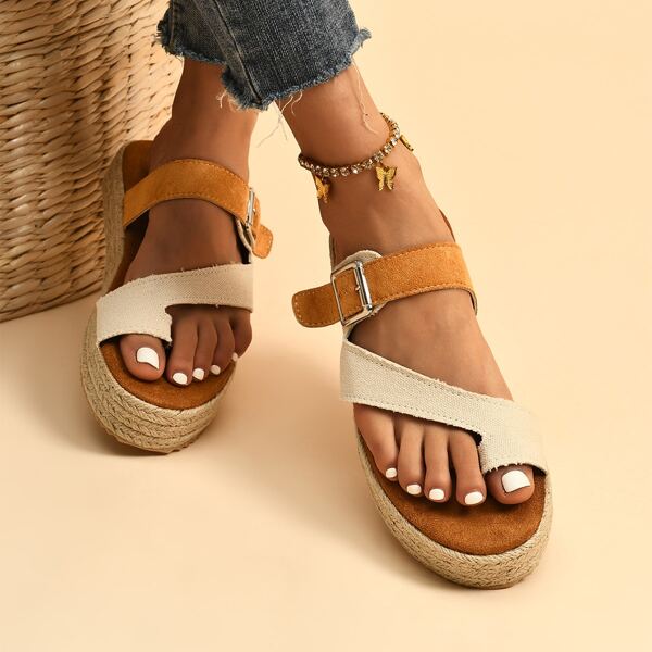

Two Tone Buckle Thong Sandals, Beige