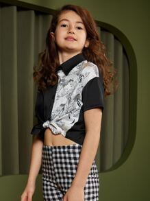 SHEIN Girls Peacock Print Drop Shoulder Colourblock Blouse - Black and White - View 5