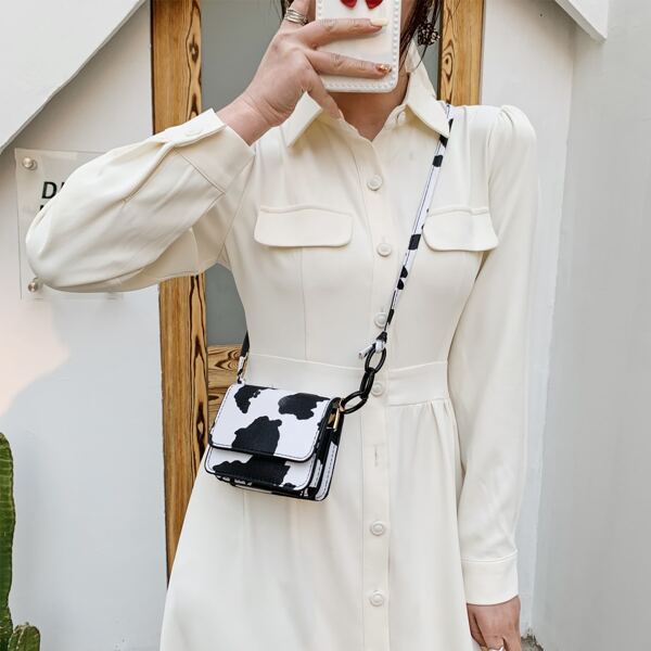 

Cow Print Chain Crossbody Bag, Black and white