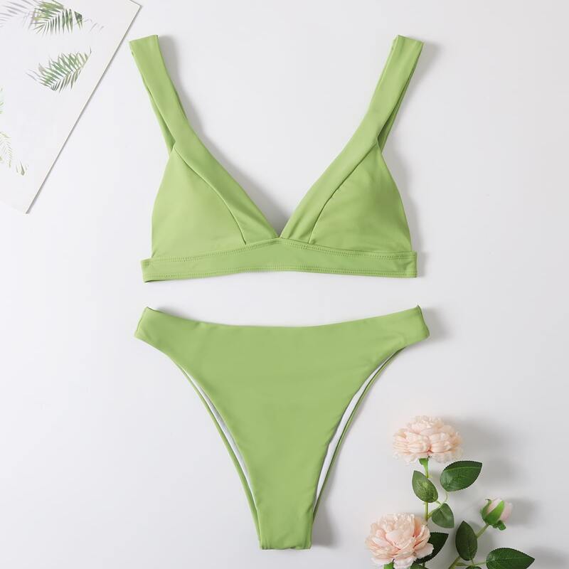 

Solid Triangle Bikini Swimsuit, Lime green