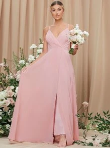 SHEIN Belle 前圍裹素色超長吊帶連衣裙 - 淺粉色 - 查看 6