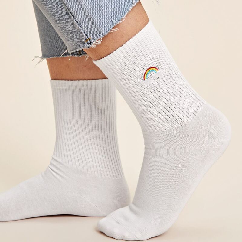 

1pair Rainbow Embroidery Socks, White