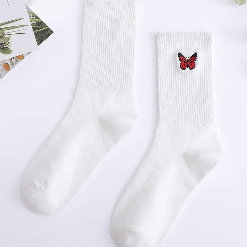 

1pair Butterfly Embroidery Socks, White