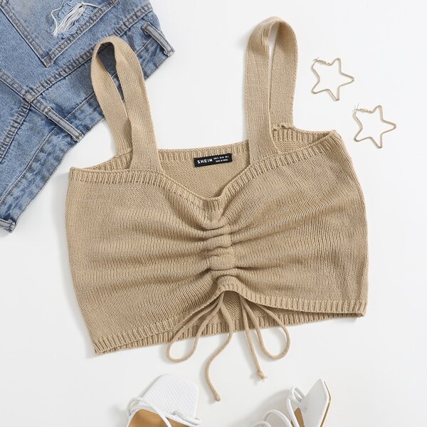 

Ruched Drawstring Knot Crop Top, Khaki