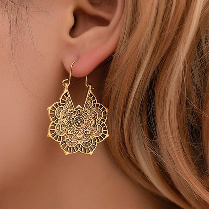 

Flower Pattern Charm Drop Earrings, Gold