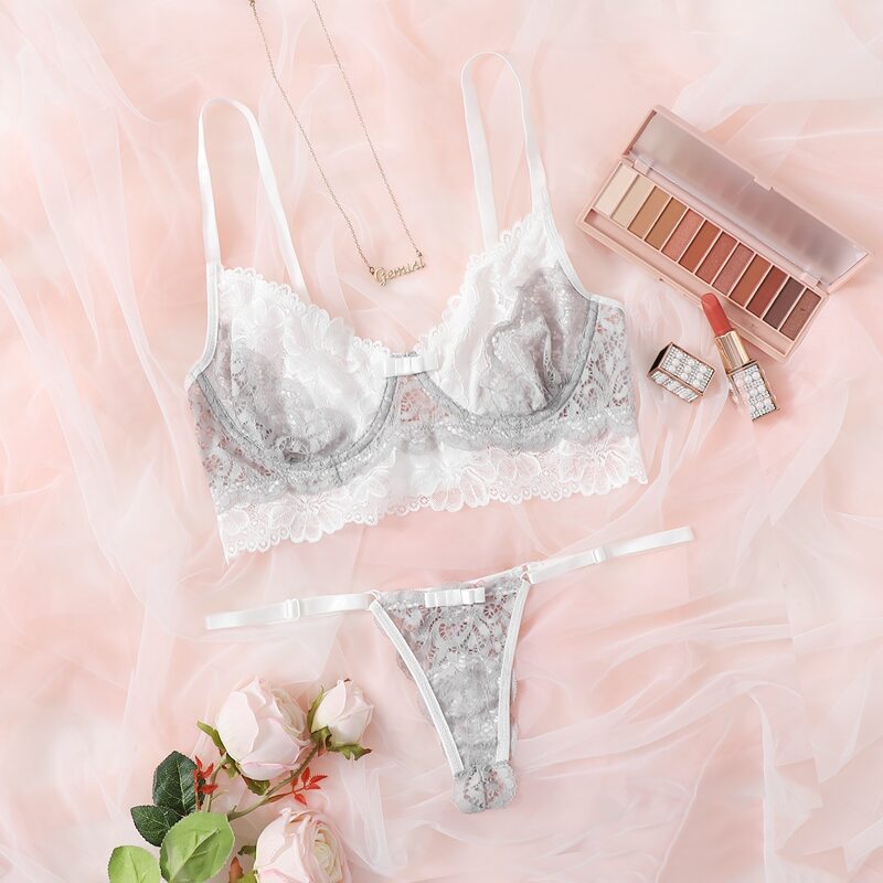 

Two Tone Floral Lace Push Up Lingerie Set, Grey