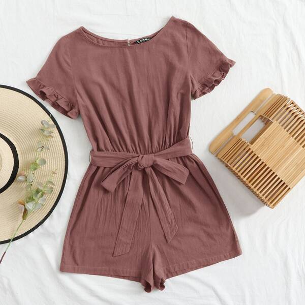 

Plus Ruffle Cuff Self Belted Romper, Redwood