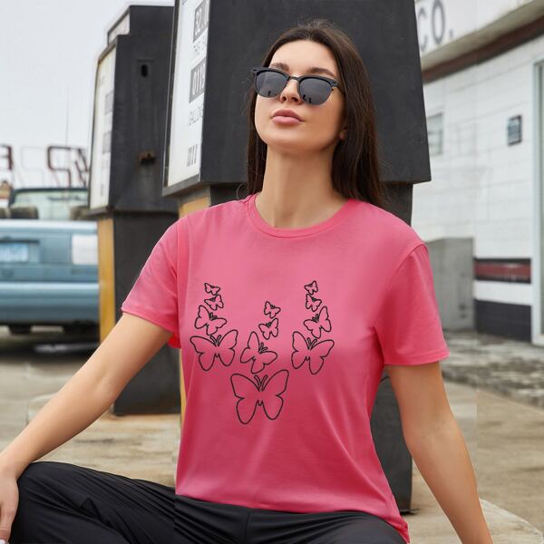 

Butterfly Print Round Neck Tee, Pink
