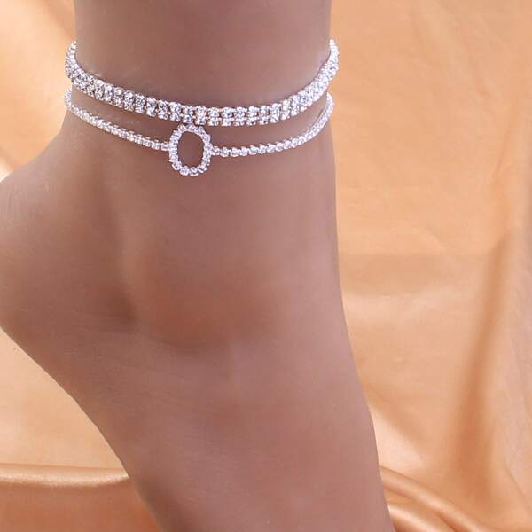 

2pcs Rhinestone Letter Decor Anklet, Silver