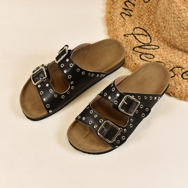 

Studded & Buckle Decor Footbed Sandals, Black