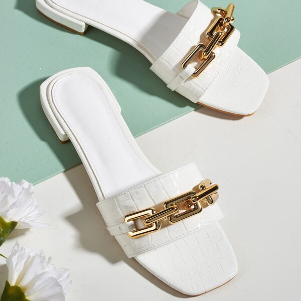 

Chain Decor Croc Embossed Sandal Mules, White