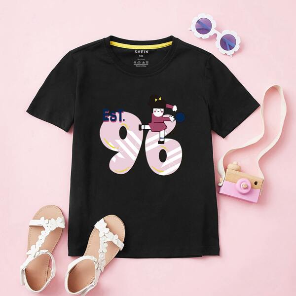 

Toddler Girls Figure And Number Print Tee, Black