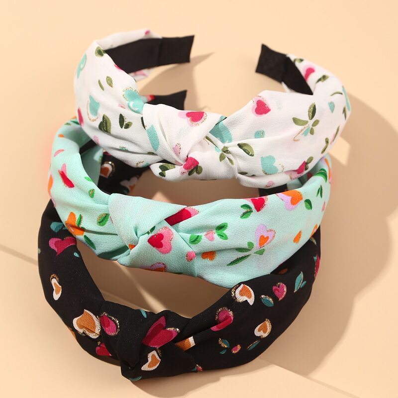 

3pcs Heart Print Knot Decor Headband, Multicolor