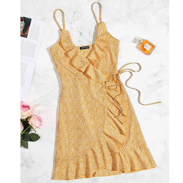 

Ruffle Trim Surplice Neck Belted Ditsy Floral Sundress, Yellow pastel